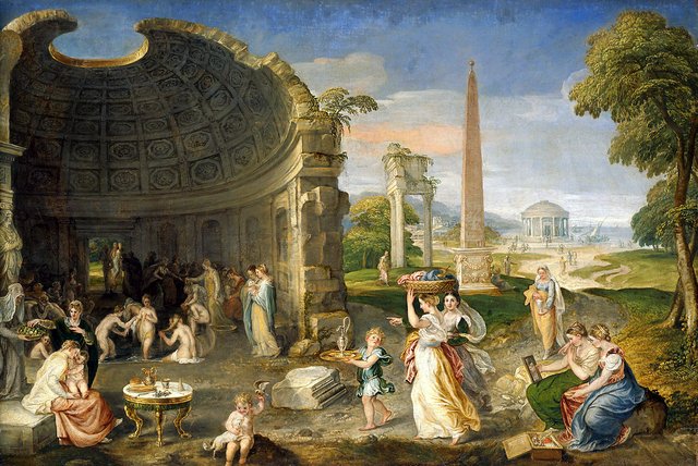 Landscape with classical ruins and women bathing by Lambert Sustris
