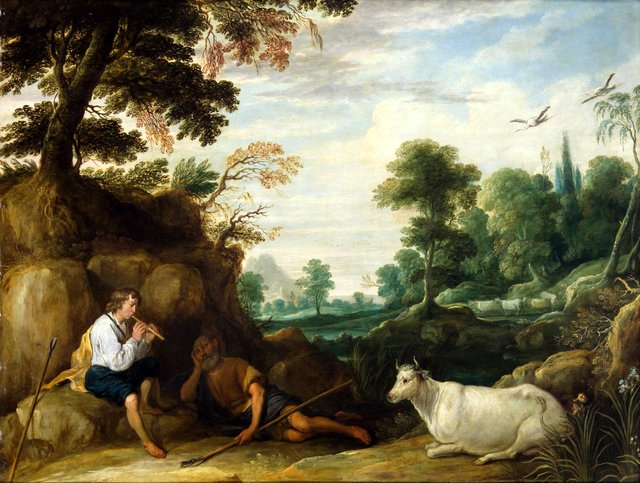 Mercury playing the flute for Argus by David Teniers the Elder
