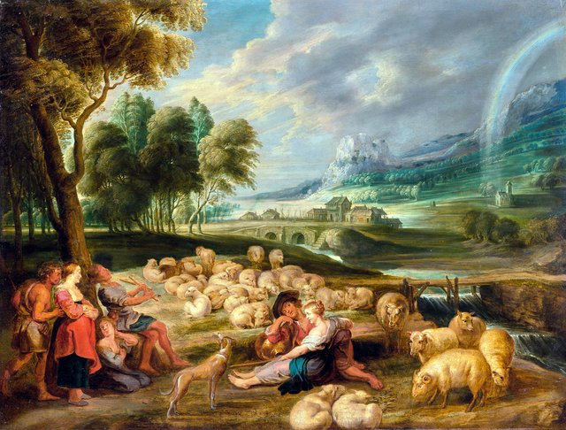 Landscape with a rainbow by Lucas van Uden