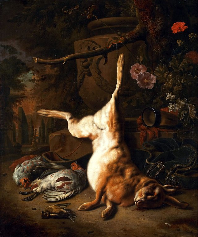 Still-life with dead hare in a park by Jan Weenix