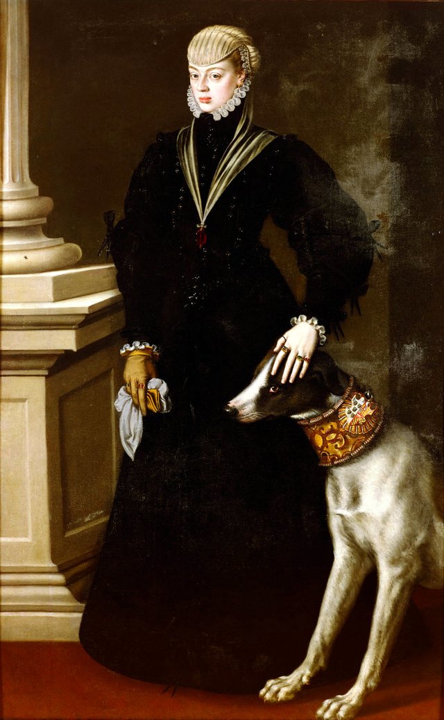Dona Juana (1535-1573), Prinzessin von Portugal, ganzfiguriges Bildnis im Alter von 22 Jahren mit einer Dogge by Alonso Sánchez Coello
