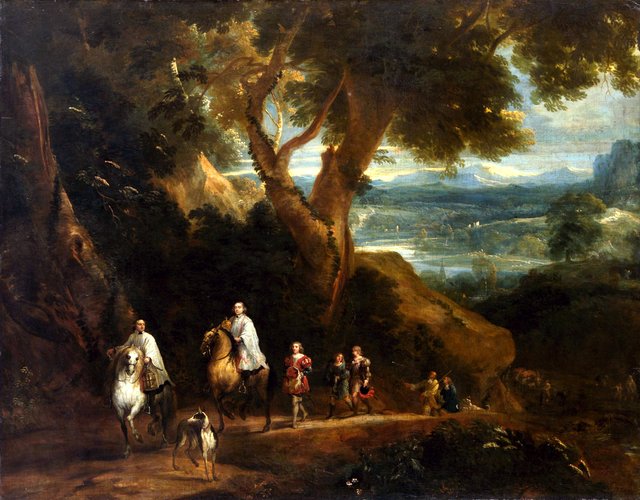 Landscape with Rudolf von Habsburg and the priest by Gonzales Coques