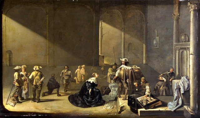 Interior with soldiers inspecting the booty and with a pleading woman by Jacob Duck