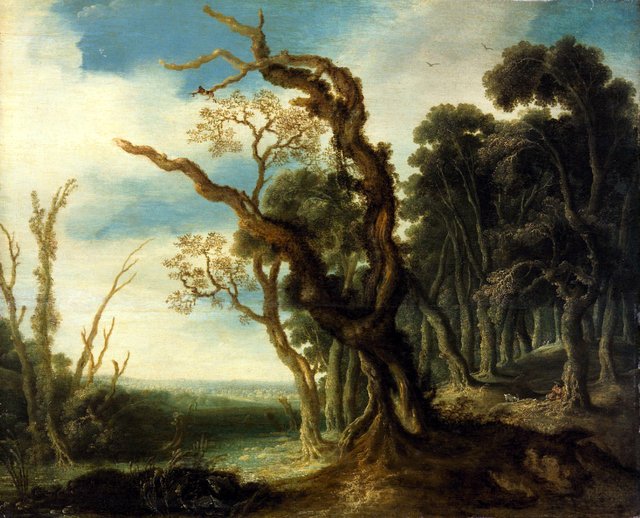 Wooded landscape with a goatherd by Jacob van Geel