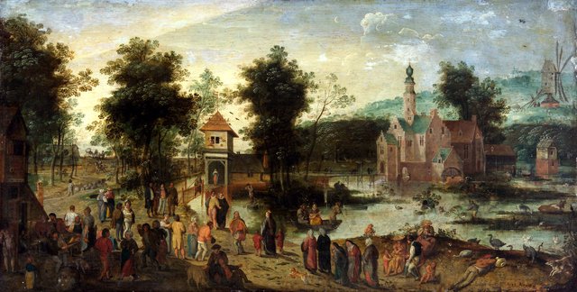 Landscape with castle and tavern by Gillis Mostaert
