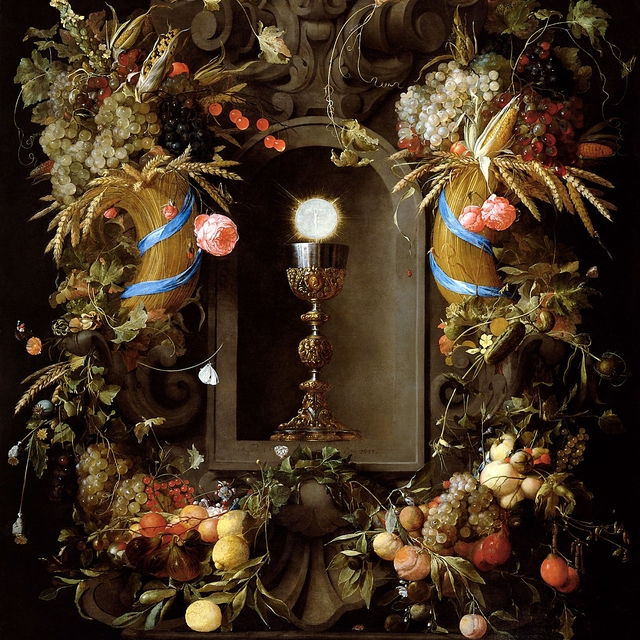 Chalice and Host in a Niche, within a Cartouche of Roses and Fruit by Thomas Willeboirts Bosschaert