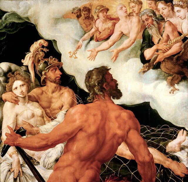 Vulcan showing the captured Mars and Venus to the gods by Maarten van Heemskerck