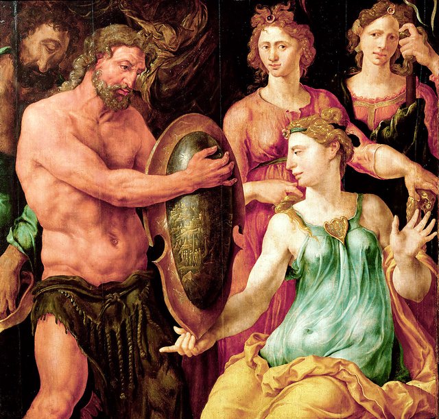 Vulcan hands Thetis the shield for Achilles by Maarten van Heemskerck