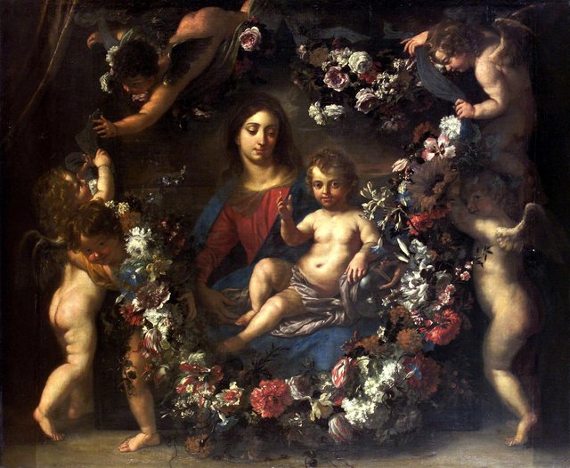 Virgin with child in a wreath of flowers by Jan van den Hoecke