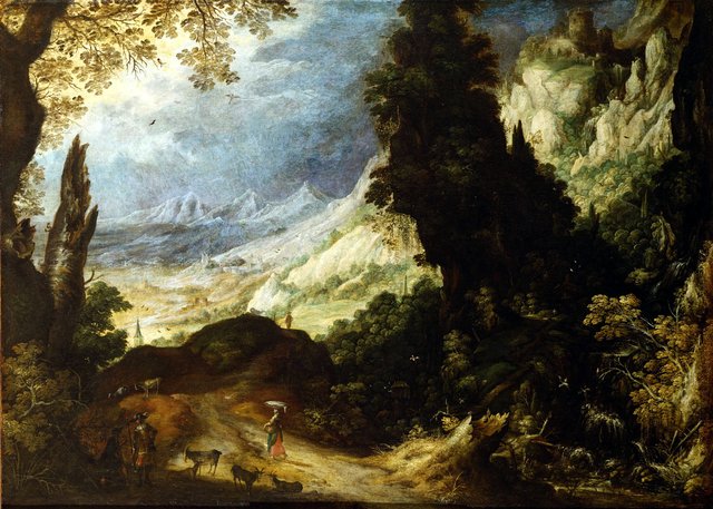 Rocky landscape with goats on the foreground by Kerstiaen de Keuninck
