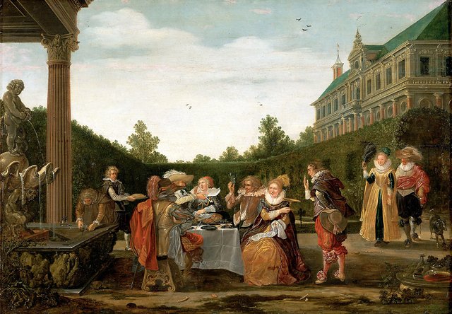 Banquet in a palatial garden, with an elegant company drinking and in conversation by Esaias van de Velde