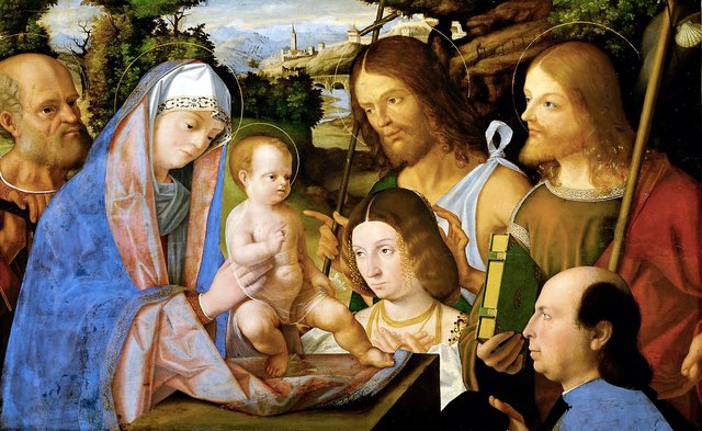 Holy Family with John the Baptist and two donors by Andrea Previtali