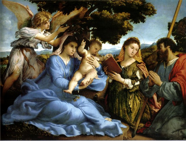 Madonna and child with Saint Catherine, Saint James the Greater, and an angel by Lorenzo Lotto