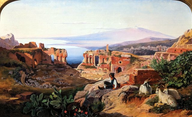 Vue de Taormine en Sicile avec l'Etna dans le lointain by Edward Lear