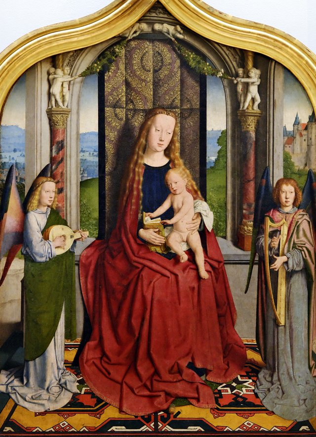 La Vierge et l'Enfant trônant en reine du ciel, entre deux anges musiciens by Gerard David