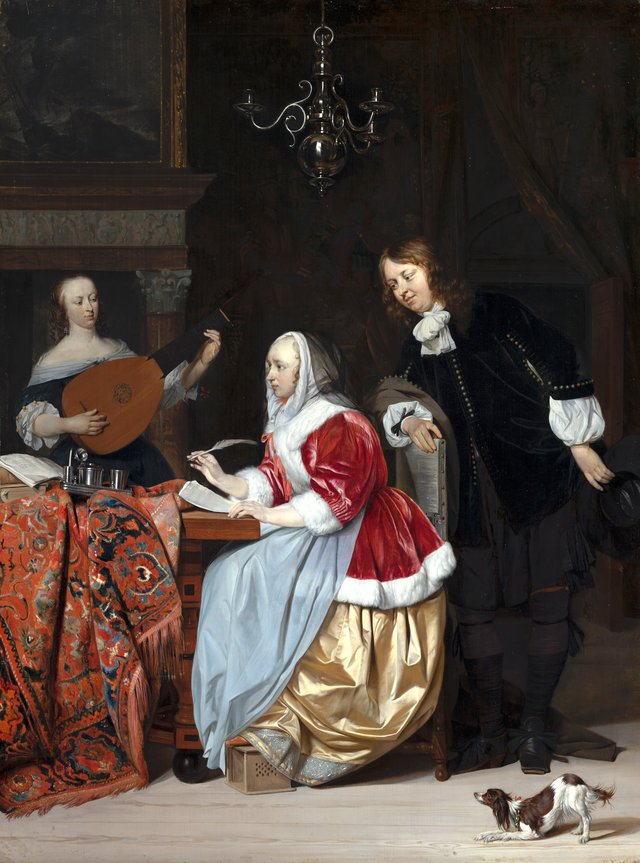 A young Woman Writing Music by Gabriel Metsu