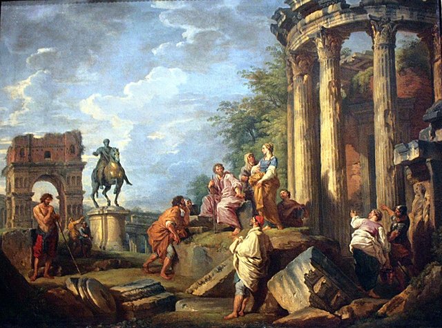 Architectural Ruins with the Arch of Janus, the Temple of Vesta and the Equestrian Statue of Marcus Aurelius by Giovanni Paolo Panini