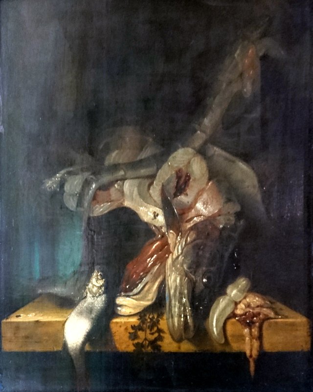 Poissons morts dans un panier, sur une tablette de pierre by Jacob Gillig