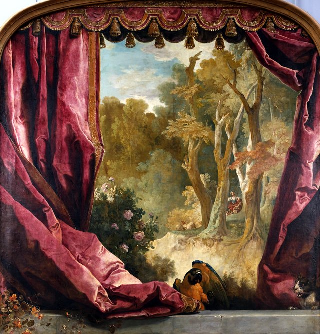 dekorative Komposition mit Vorhängen, Landschaft und Tieren by Nicolas de Largillière