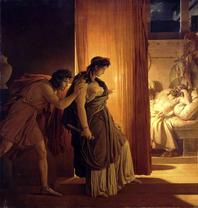 Clytemnestra hesitates before killing the sleeping Agamemnon by Pierre-Narcisse Guérin