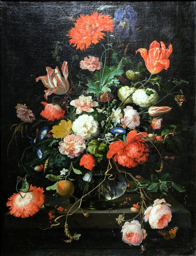 Flowers in a Crystal Vase Standing on a Stone Pedestal, with a Dragonfly by Abraham Mignon