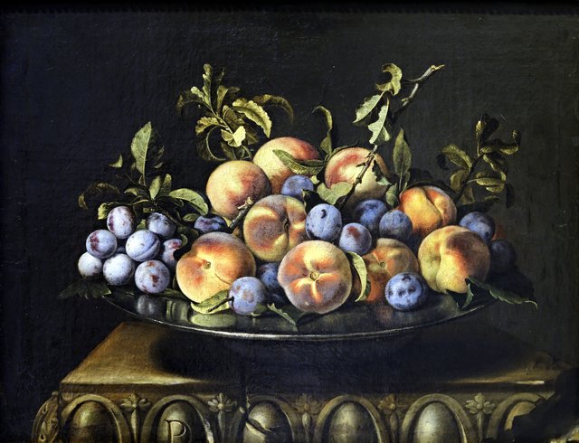 Peaches and prunes on a tin plate by Pierre Dupuis