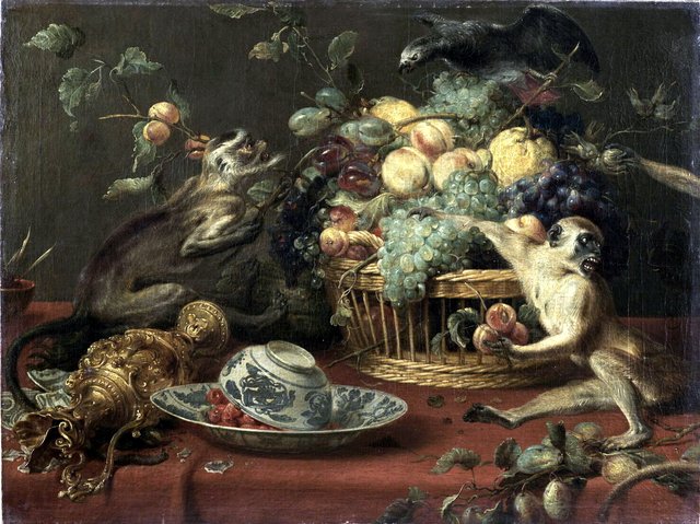 Monkeys and parrot near a fruit basket by Frans Snyders