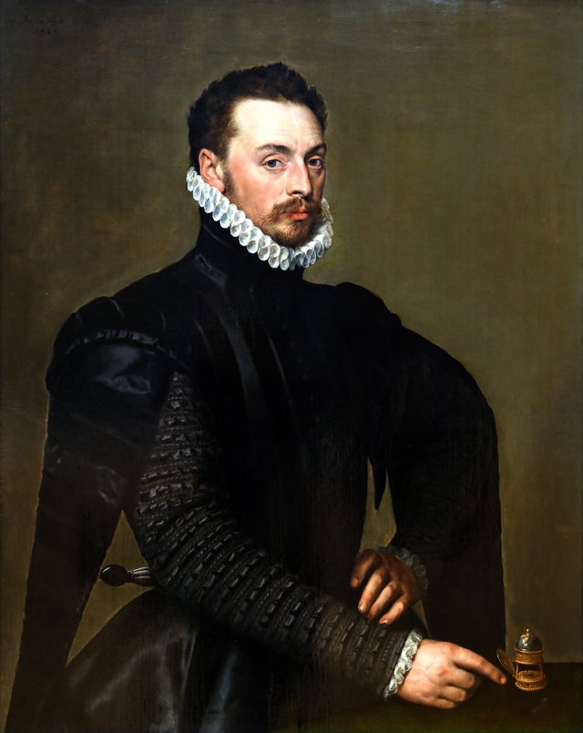 Portrait d'homme désignant une pendule de table by Antonis Mor