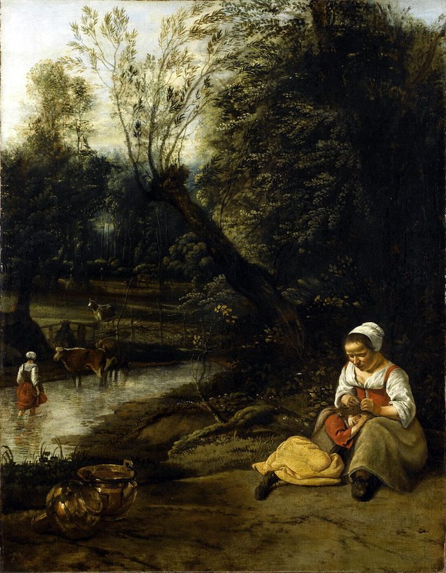 Woman delousing a girl at the water's edge by Johannes Siberechts
