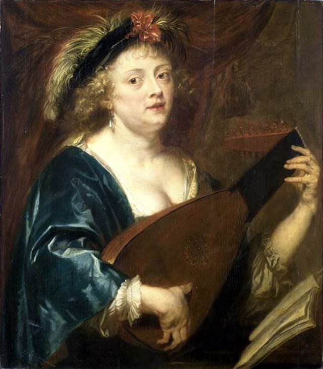 Portrait of a woman playing a lute by Jan van den Hoecke