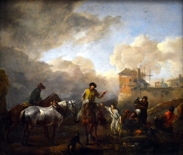 Attelage et Paysans sur le bord d'une rivière by Philips Wouwerman