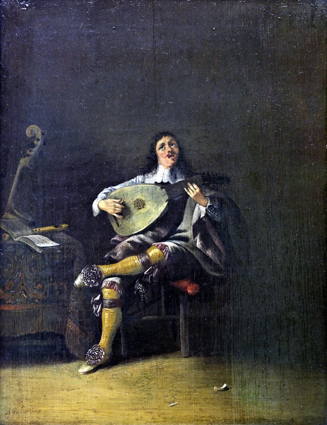 L'Ouïe, Homme jouant de la guitare by Anthonie Palamedesz.