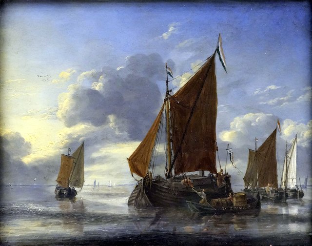 Marine. Barque accostant un gros voilier by Reinier Nooms