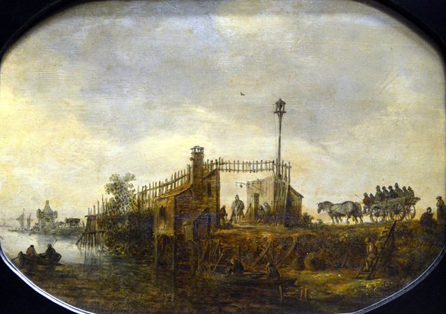Paysage avec charrette sur une digue by Jan van Goyen
