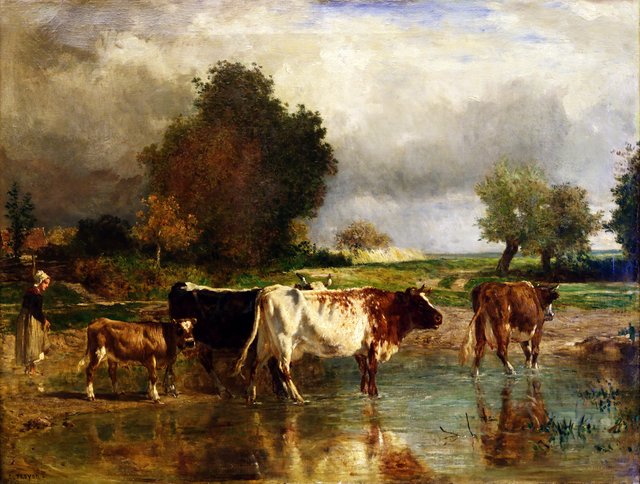 Vaches et veau à la mare by Constant Troyon