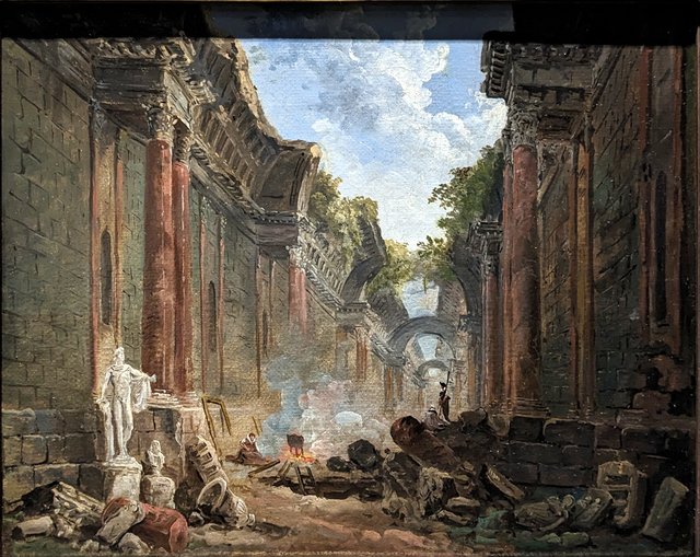 Vue imaginaire de la grande galerie du Louvre en ruine by Hubert Robert