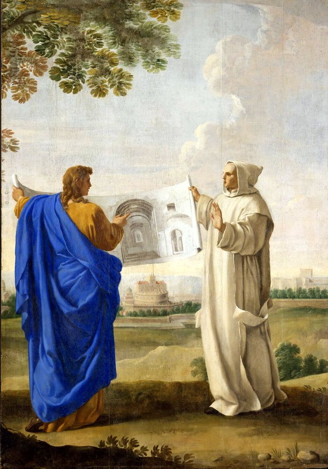 Der hl. Bruno untersucht eine Zeichnung der Thermen des Diocletian, dem zukünftigen Platz der Kartäuser von Rom by Eustache Le Sueur