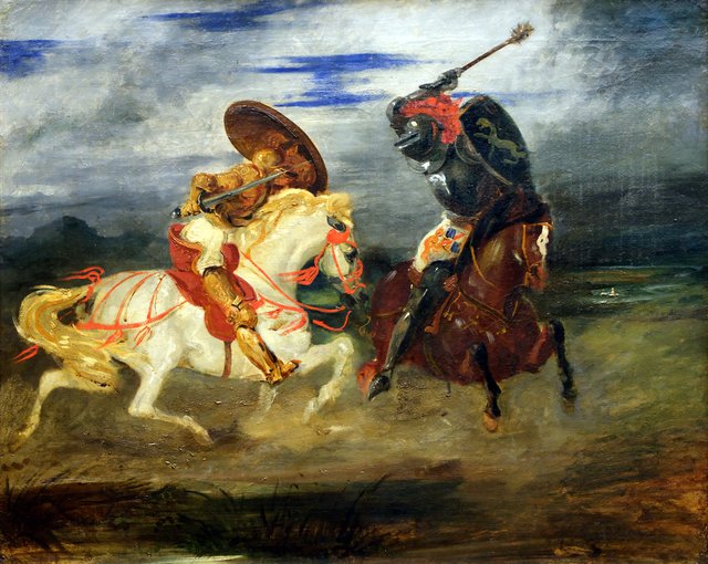 Confrontation of knights in the countryside by Eugène Delacroix