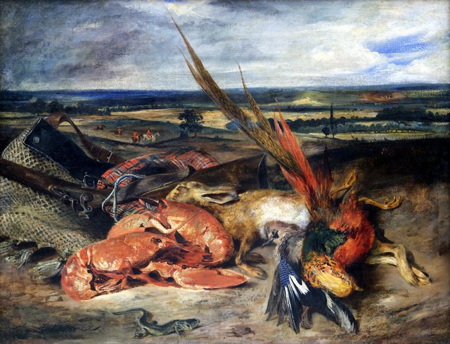 Nature morte au homard et trophées de chasse et de pêche by Eugène Delacroix