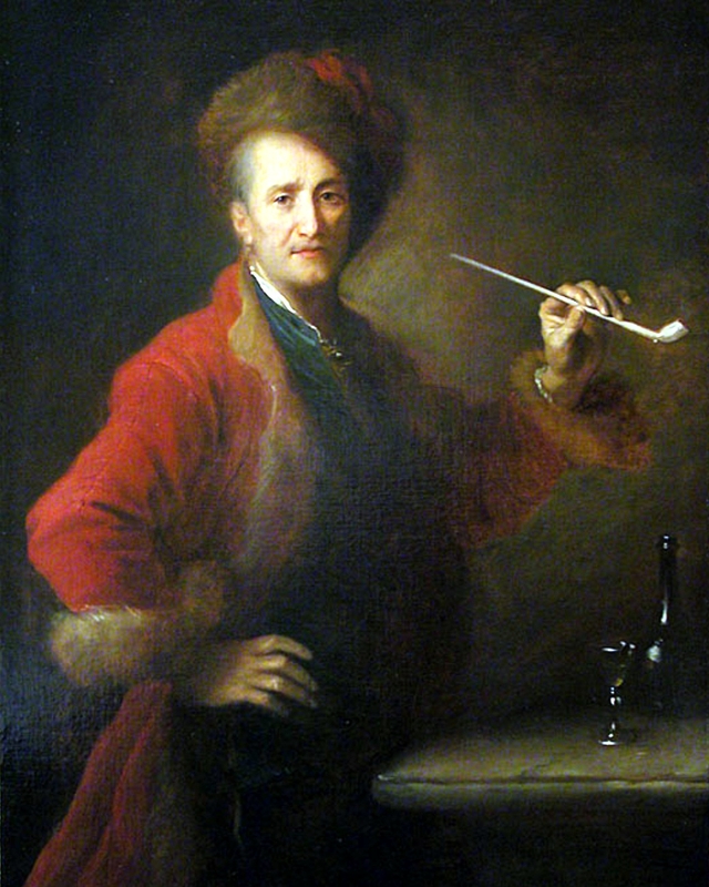 Portrait of a man in Polish costume holding a pipe by Alexis Grimou
