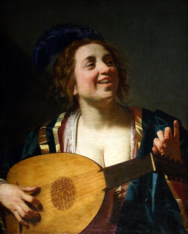 Woman tuning a lute by Gerard van Honthorst