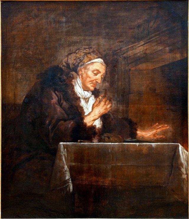 Oude vrouw aan de maaltijd bij het vuur by Jean-François de Troy