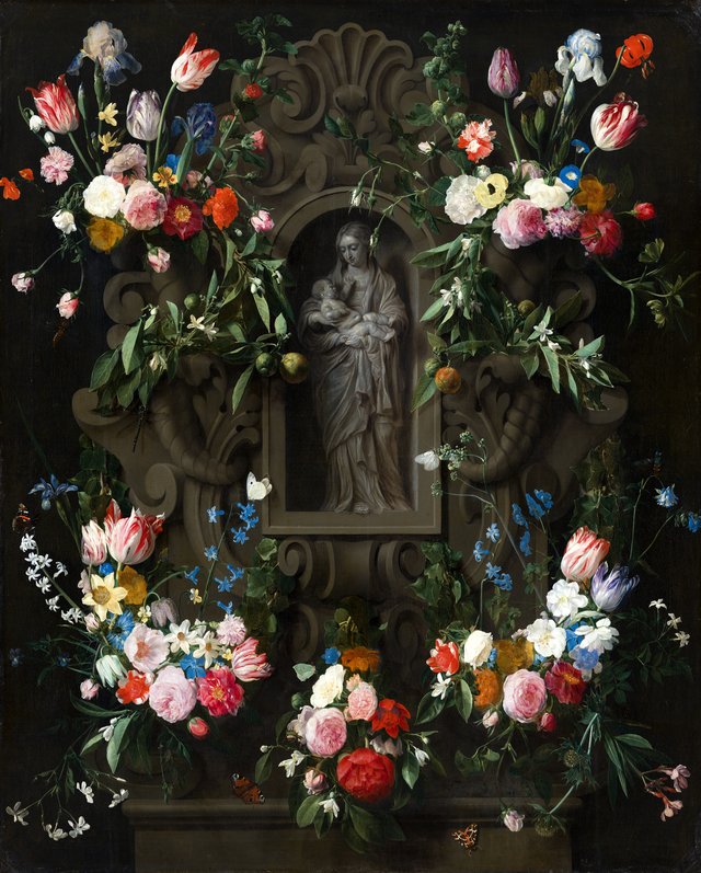 Garland of Flowers surrounding a Sculpture of the Virgin Mary by Thomas Willeboirts Bosschaert