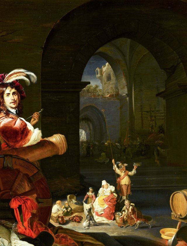 Soldiers and Other Figures among the Ruins of a Castle, with a Self-Portrait of the Artist in the Foreground by Karel Slabbaert