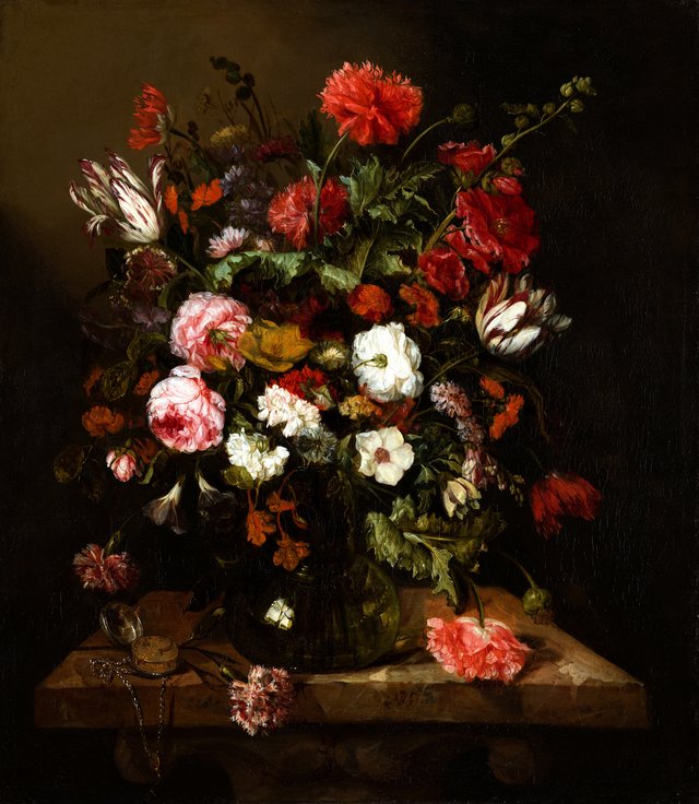 Flower Still Life with a Timepiece by Abraham van Beijeren