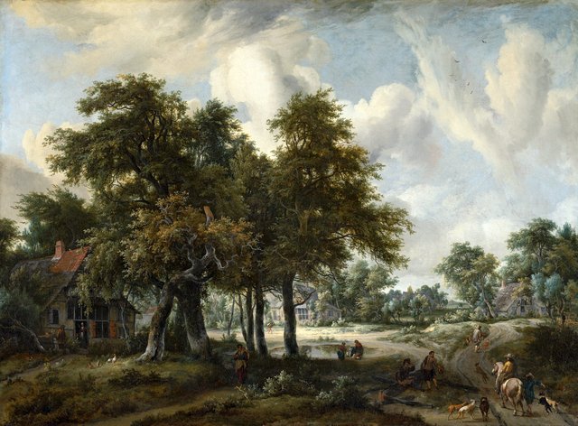 Wooded landscape with cottages by Meindert Hobbema