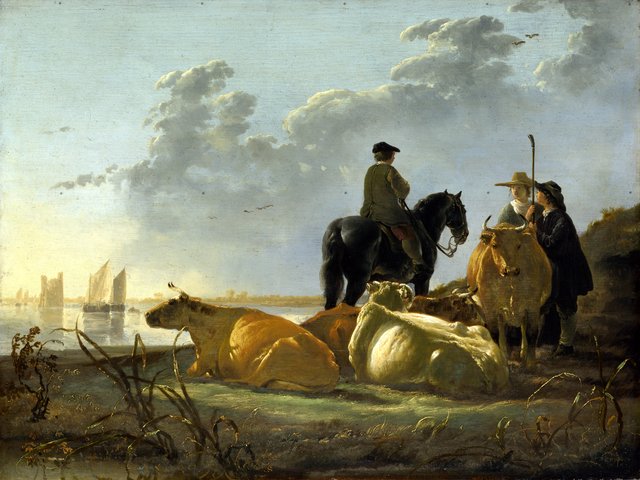 Peasants and Cattle by the River Merwede by Aelbert Cuyp