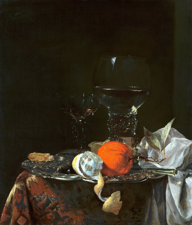 Still Life with Fruit and Wineglasses on a Silver Plate by Willem Kalf