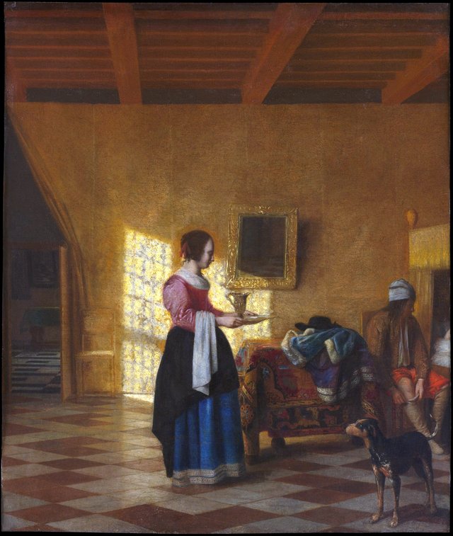 Woman with a Water Pitcher, and a Man by a Bed by Pieter de Hooch
