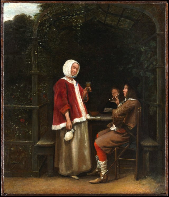 A Woman and Two Men in an Arbor by Pieter de Hooch